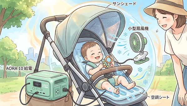 ベビーカーのお出かけをもっと快適に！超小型ポータブル電源「AORA 10」で親子の笑顔が増える活用術