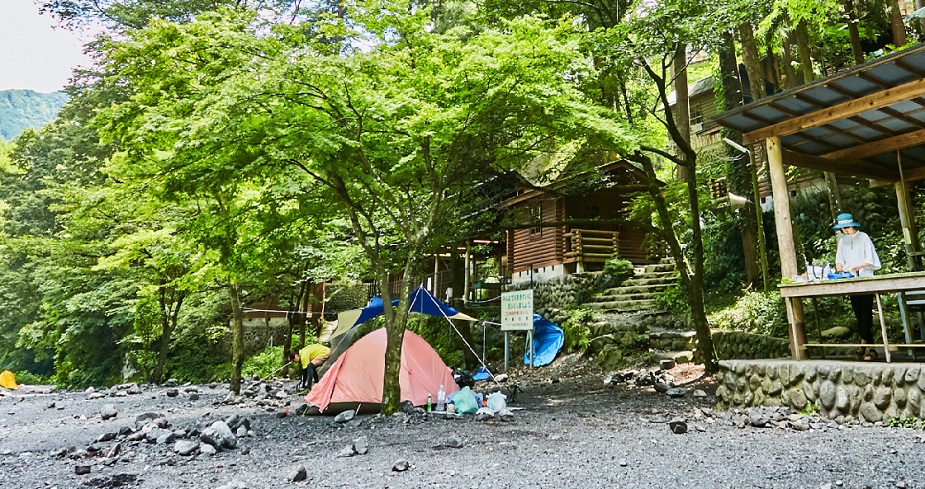 氷川キャンプ場の風景、緑豊かな自然の中にあるキャンプエリア