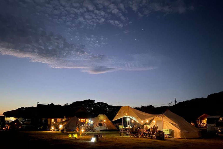 ACN南紀串本リゾート大島の風景。海辺に近いキャンプ場で、サイトと周囲の自然が見える