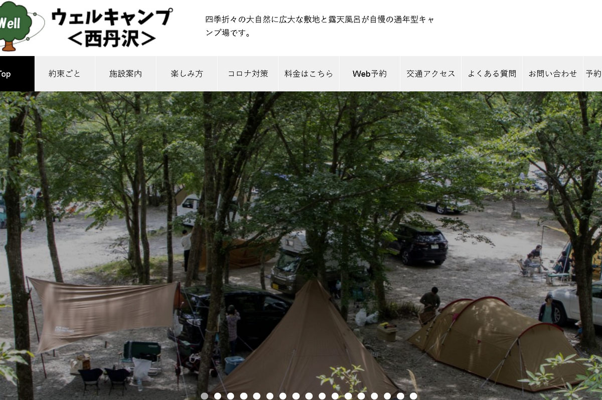 西丹沢キャンプ場の風景。山々に囲まれたキャンプサイトに川が流れている様子。